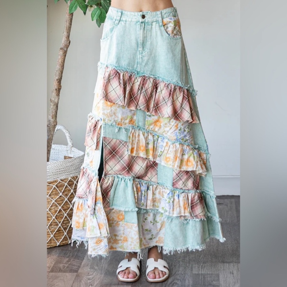 Oli & Hali Mint Plaid Floral Patchwork Ruffle Slit Denim Maxi Skirt - Picture 4 of 10